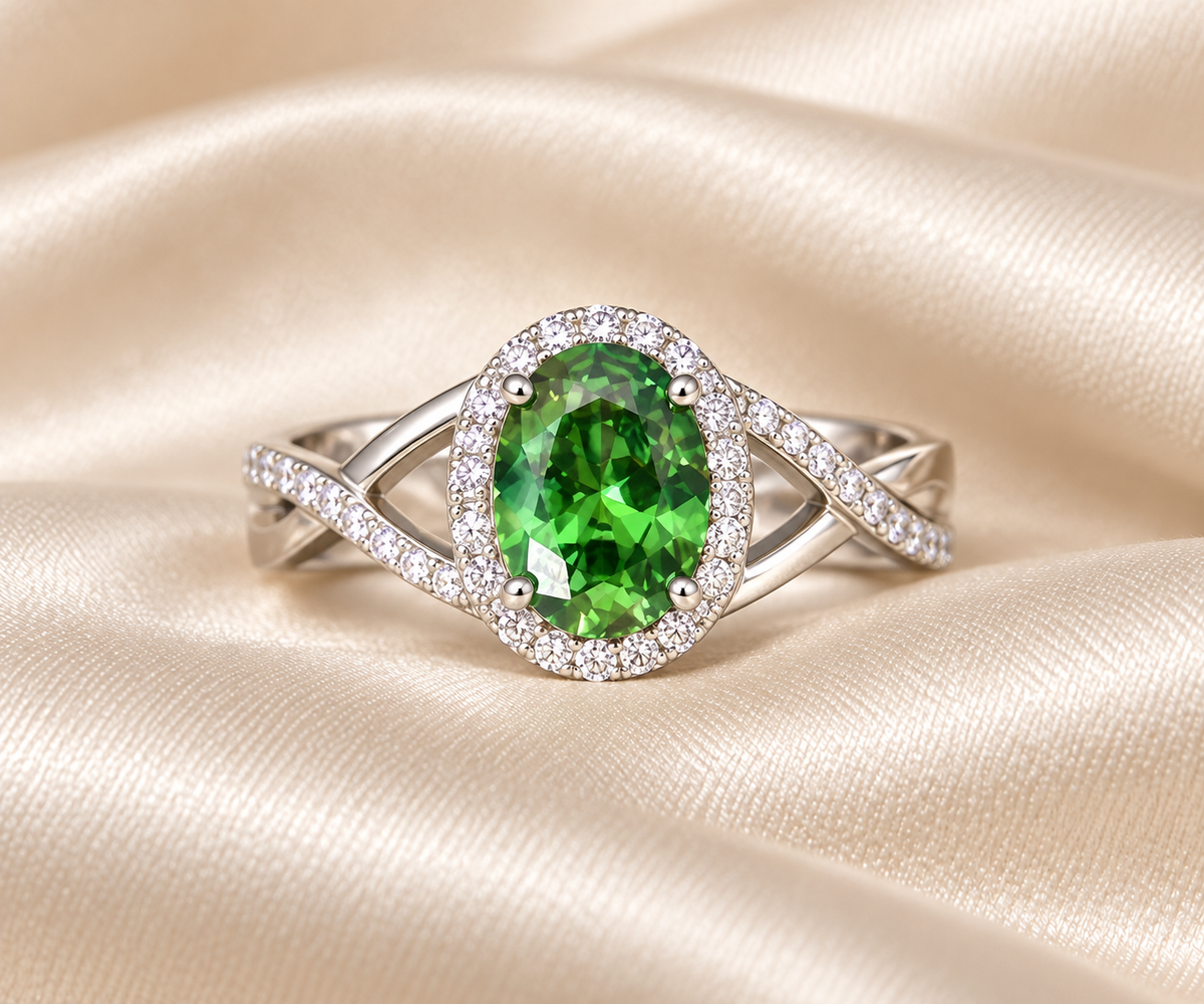 Emerald Oval Halo Twisted Ring