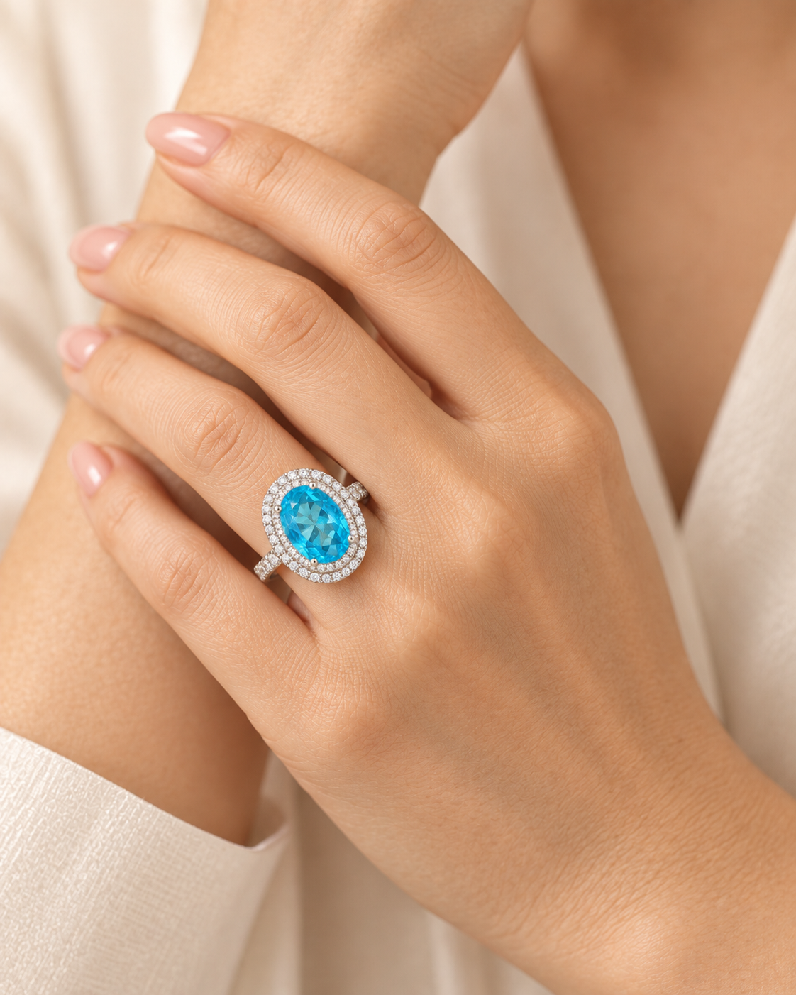 Blue Topaz Oval Double Halo Ring - angle 4