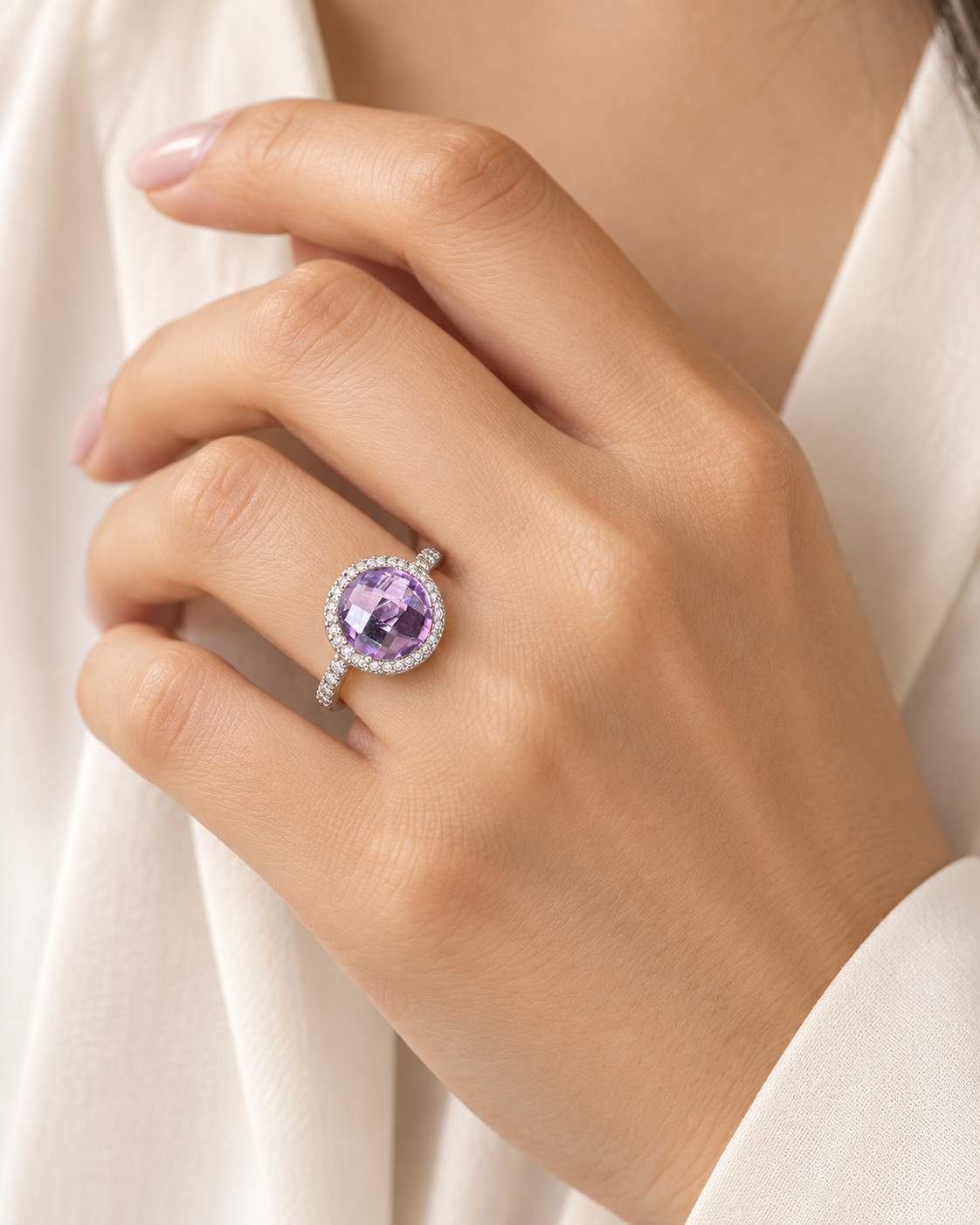 Amethyst Round Halo Ring - angle 4