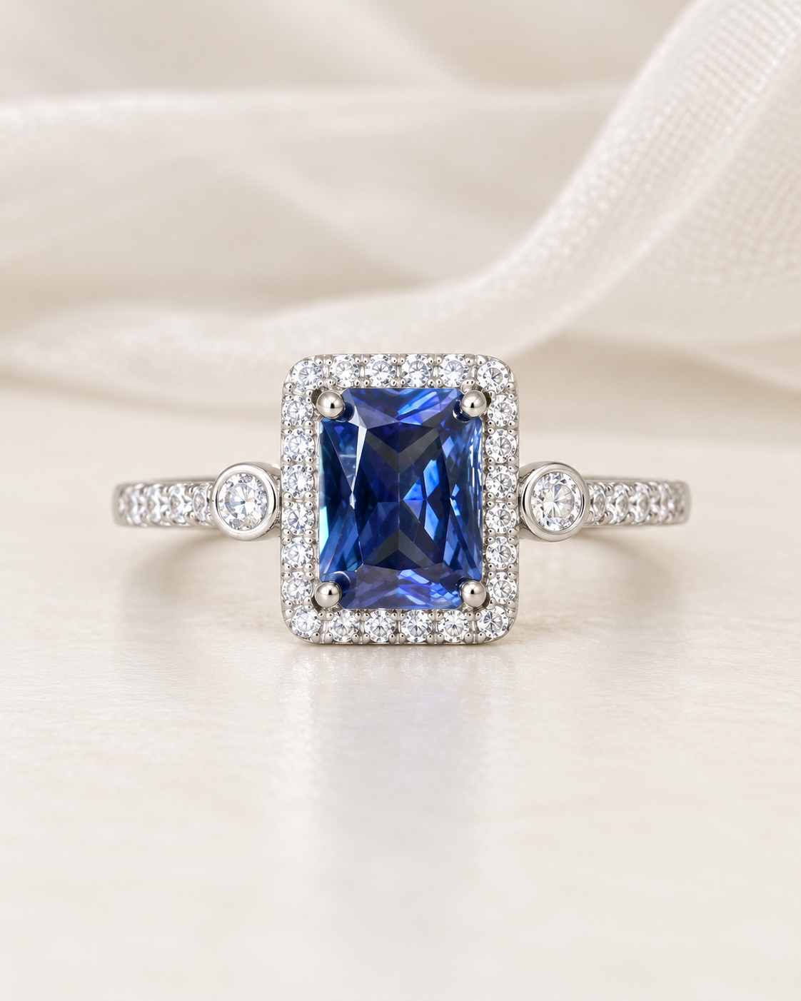 Sapphire Rectangle Halo Ring