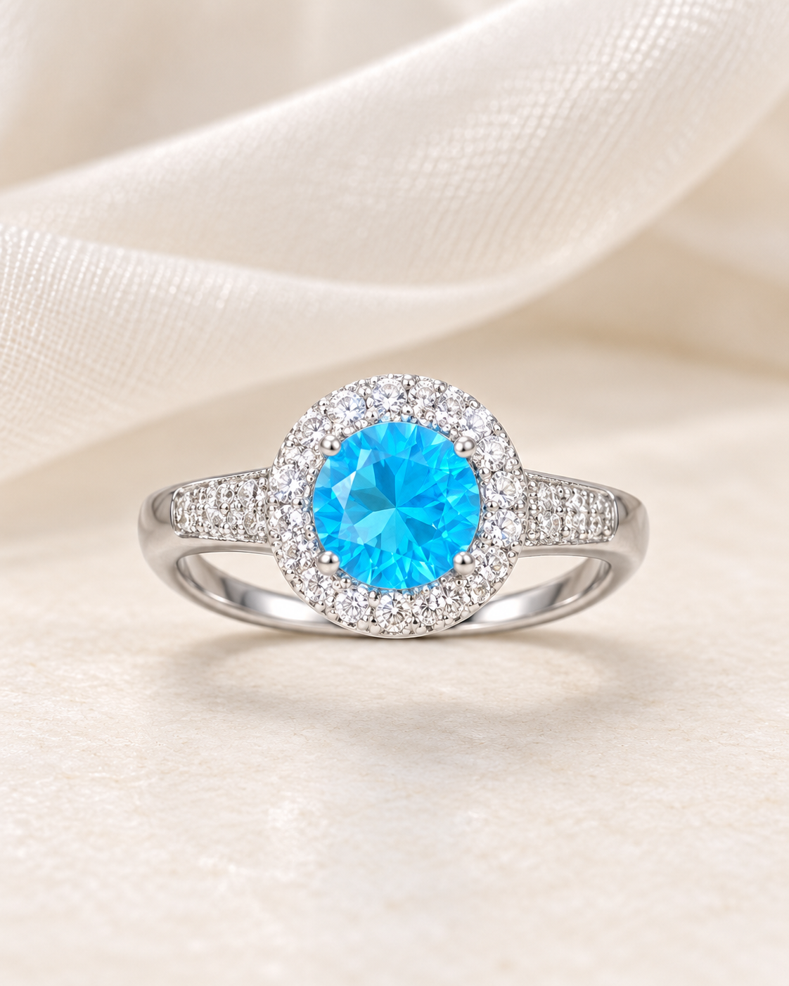 Blue Topaz Round Halo Ring Petite - angle 4