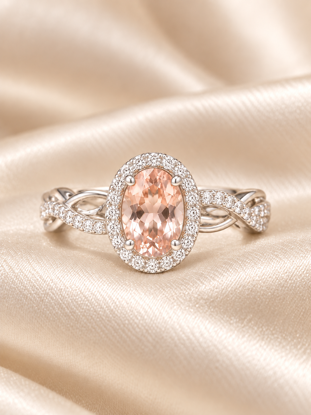Morganite Oval Halo Statement Twisted Ring