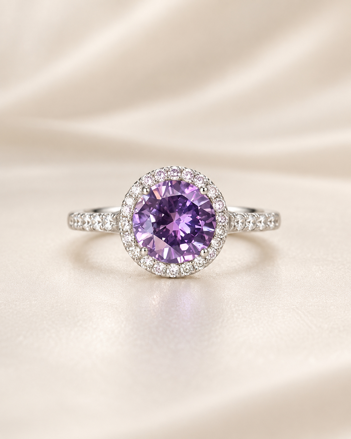 Amethyst Round Halo Ring - sterling silver
