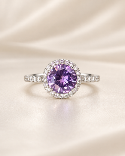 Amethyst Round Halo Ring - sterling silver