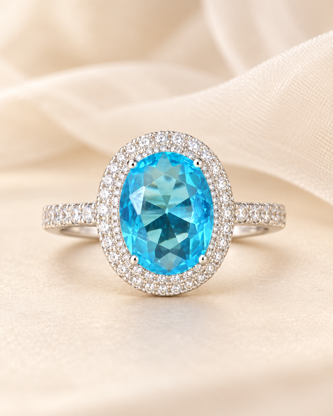 Blue Topaz Oval Double Halo Ring - sterling silver