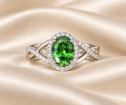 Emerald Oval Halo Twisted Ring