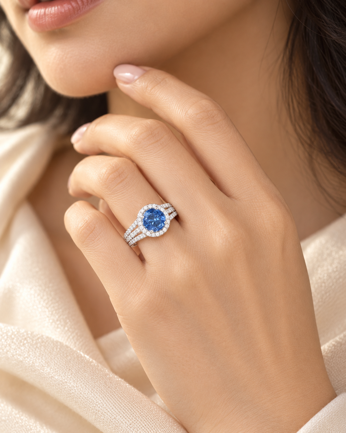 Sapphire Round Halo Three Bands Ring