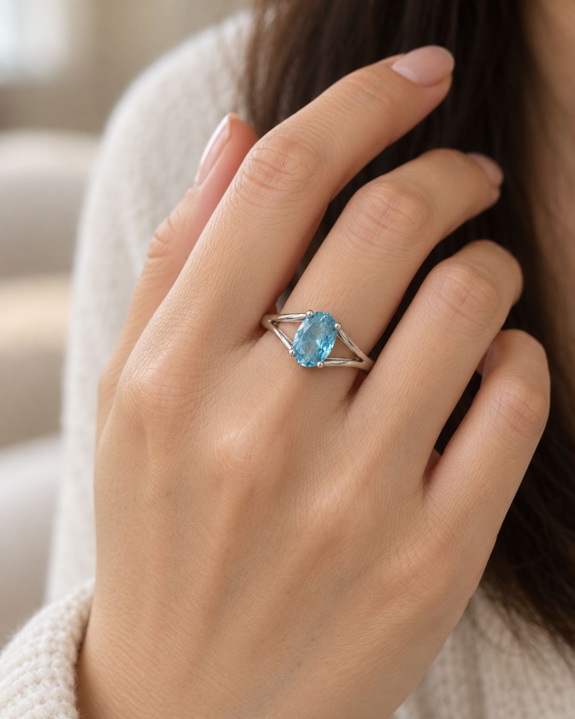 Blue Topaz Oval Split Shank Ring - angle 3