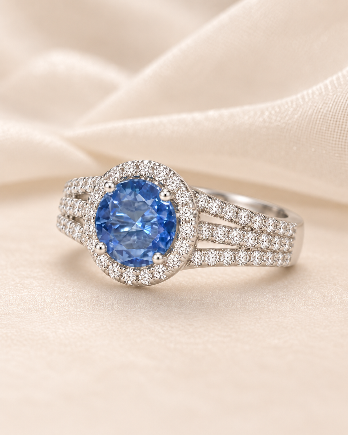 Sapphire Round Halo Three Bands Ring