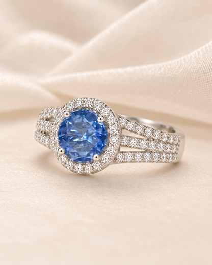 Sapphire Round Halo Three Bands Ring
