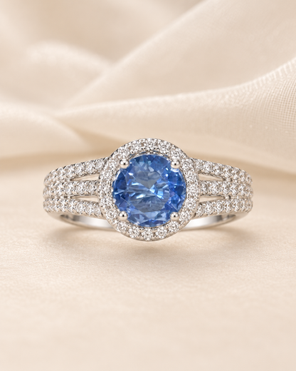 Sapphire Round Halo Three Bands Ring