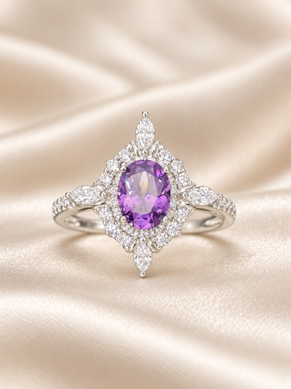 Amethyst Oval Marquise Ring - sterling silver