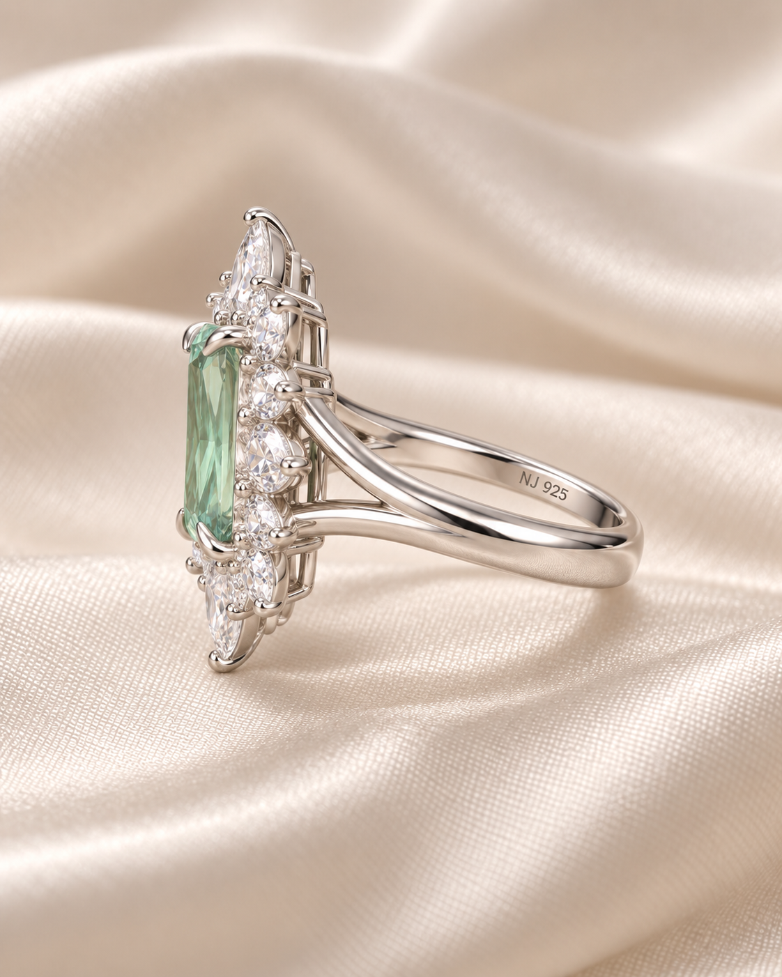 Green Tourmaline Rectangle Cluster Ring