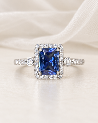 Sapphire Rectangle Halo Ring