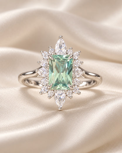 Green Tourmaline Rectangle Cluster Ring
