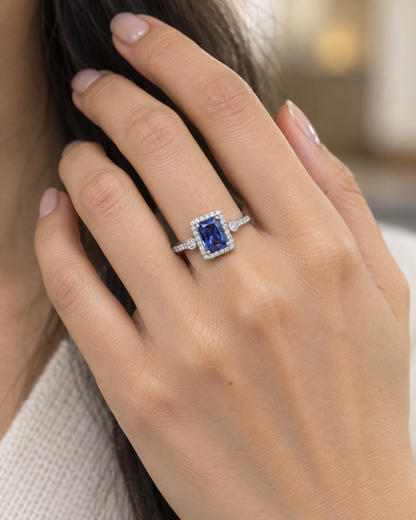 Sapphire Rectangle Halo Ring