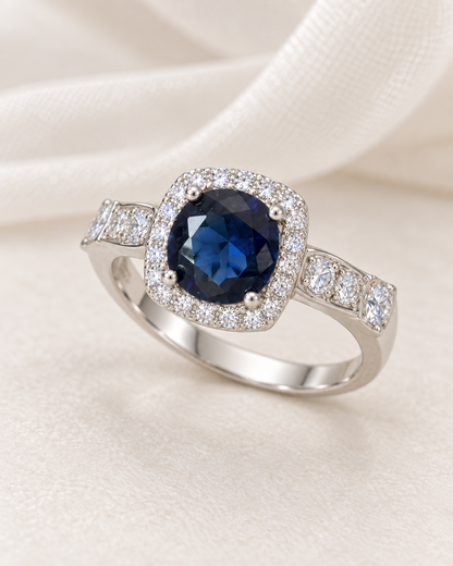 Sapphire Round Square Halo Ring