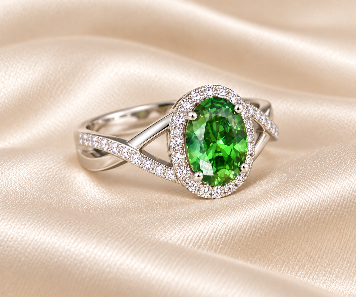Emerald Oval Halo Twisted Ring