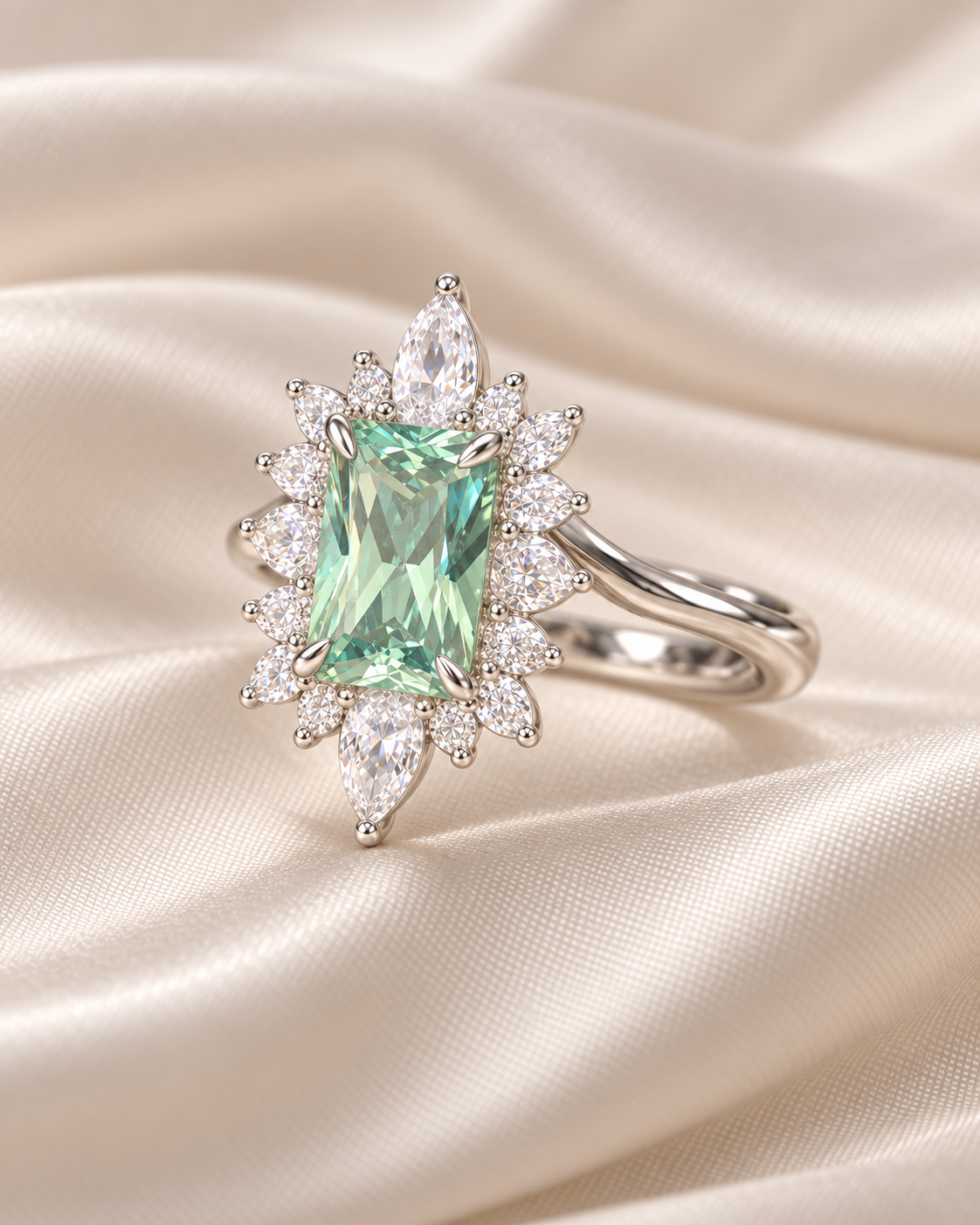 Green Tourmaline Rectangle Cluster Ring