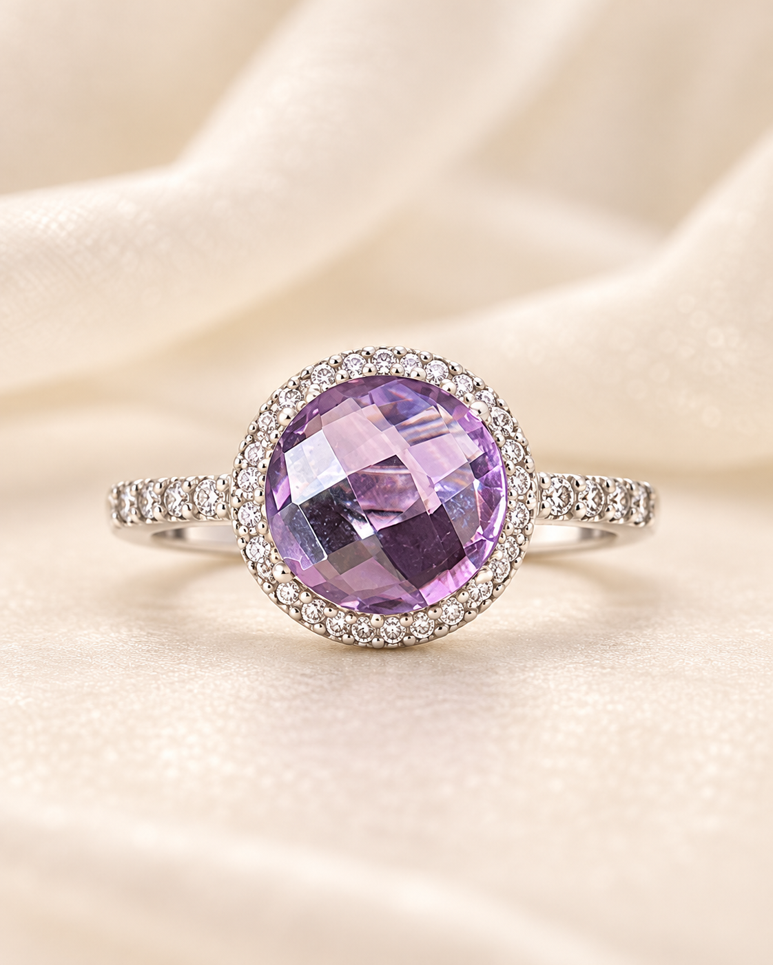 Amethyst Round Halo Ring - sterling silver