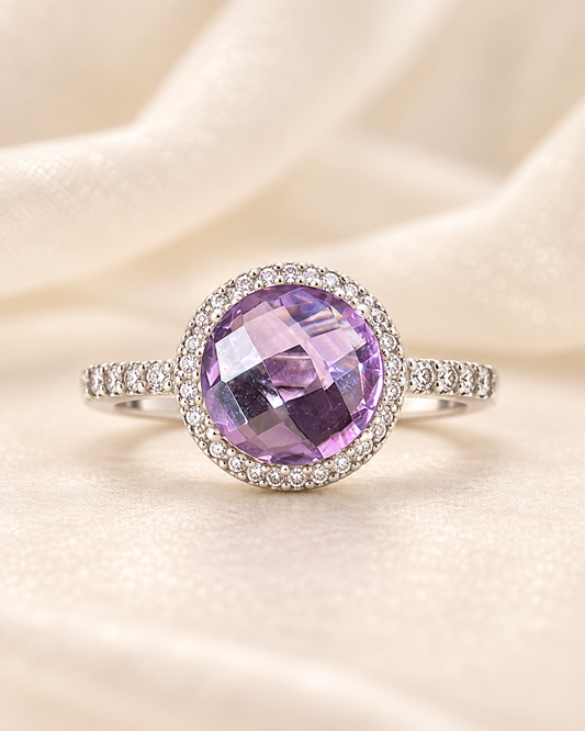 Amethyst Round Halo Ring - sterling silver