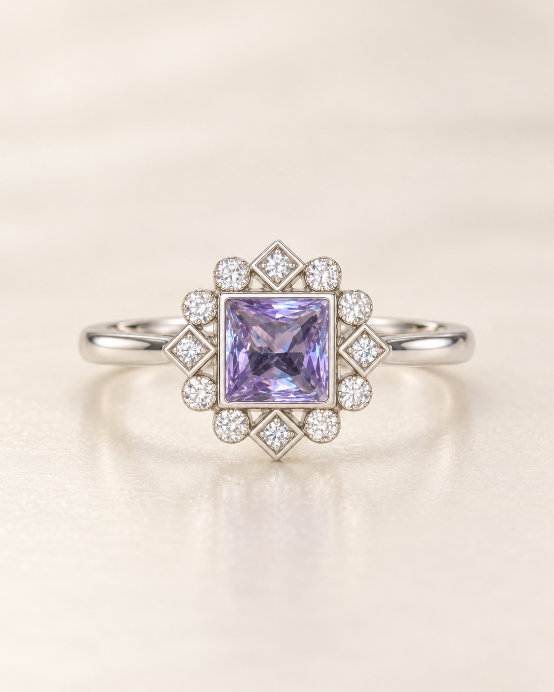 Alexandrite Square Round Halo Ring - sterling silver