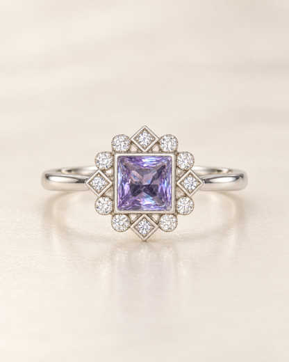 Alexandrite Square Round Halo Ring - sterling silver