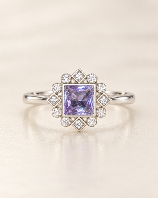 Alexandrite Square Round Halo Ring - sterling silver