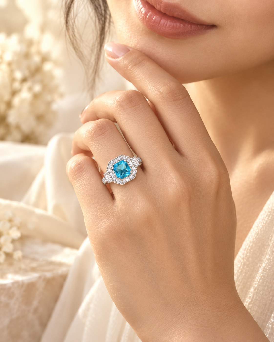Blue Topaz Square Halo Ring - sterling silver