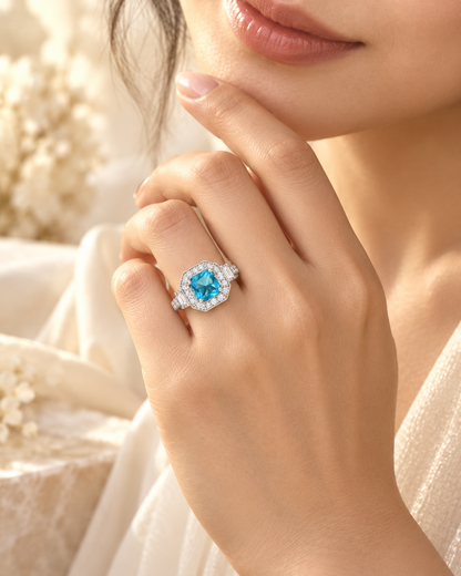 Blue Topaz Square Halo Ring - sterling silver