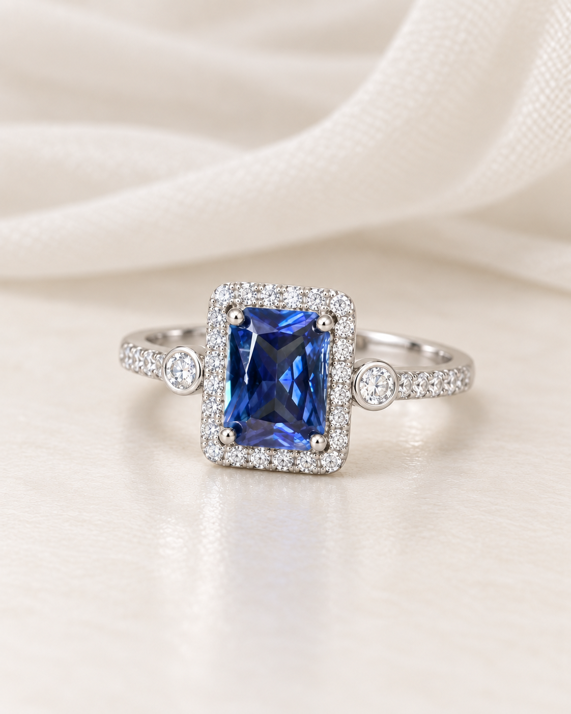 Sapphire Rectangle Halo Ring