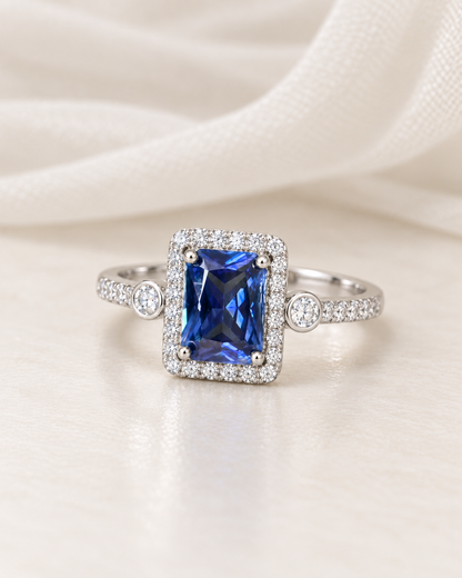 Sapphire Rectangle Halo Ring