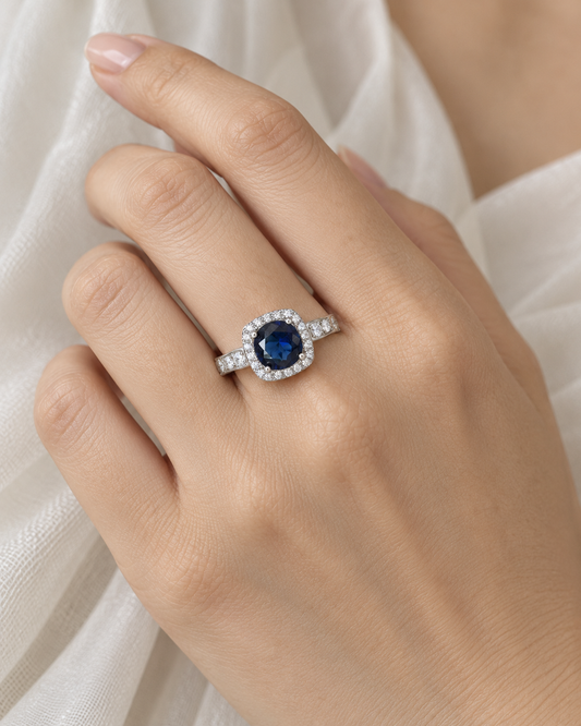 Sapphire Round Square Halo Ring