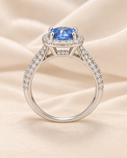 Sapphire Round Halo Three Bands Ring