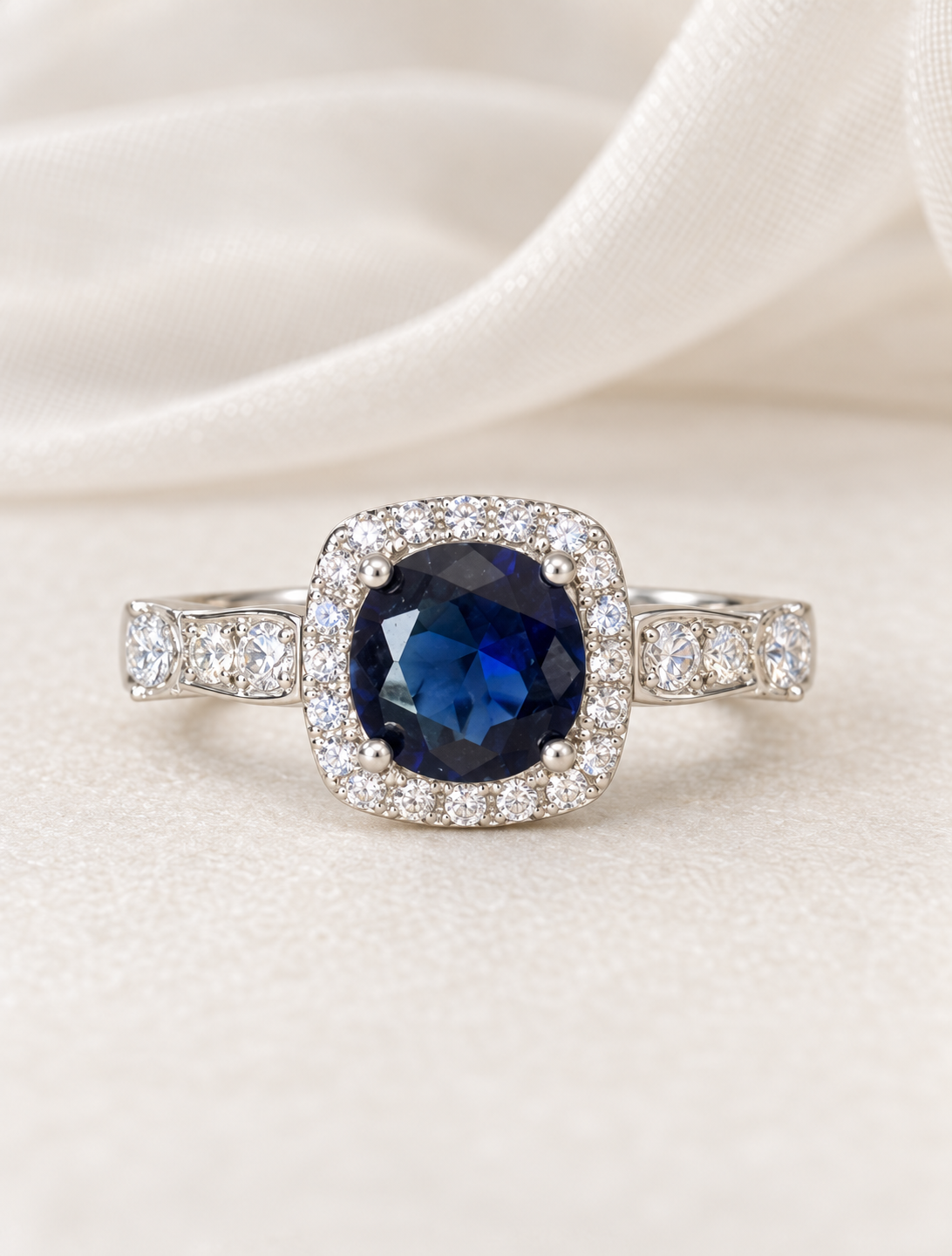 Sapphire Round Square Halo Ring