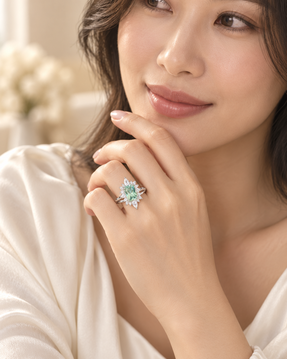 Green Tourmaline Rectangle Cluster Ring