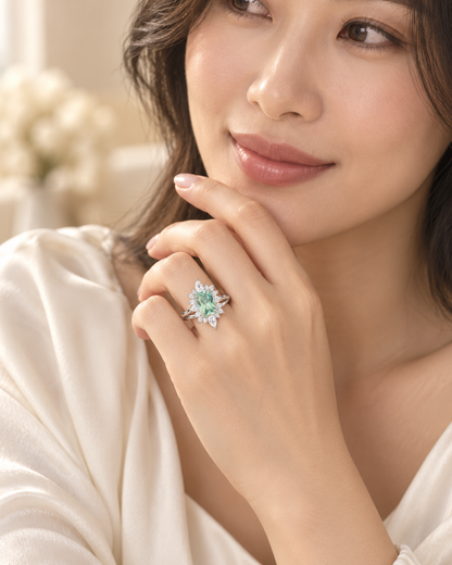 Green Tourmaline Rectangle Cluster Ring