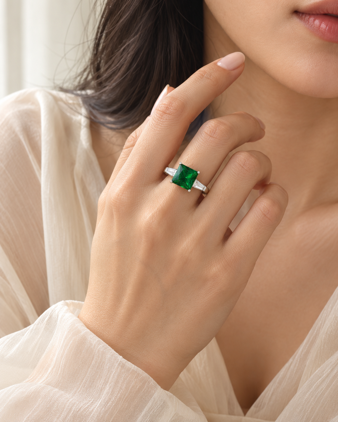 Emerald Square Baguette Accent Ring