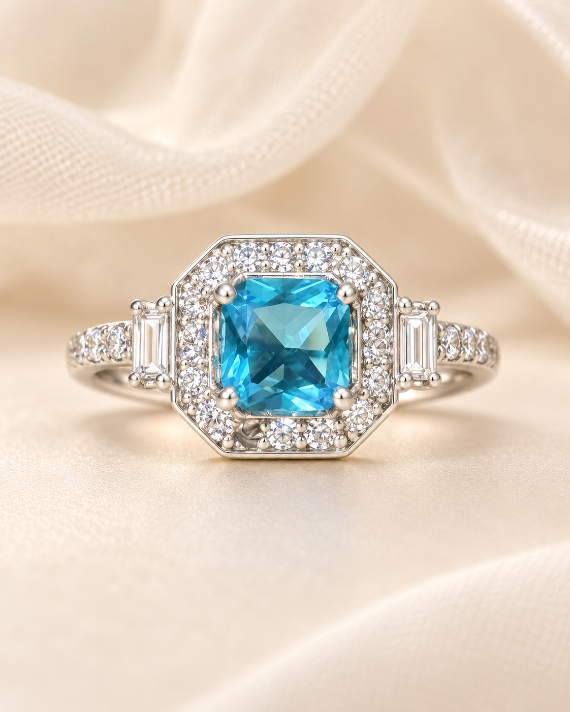 Blue Topaz Square Halo Ring - angle 2