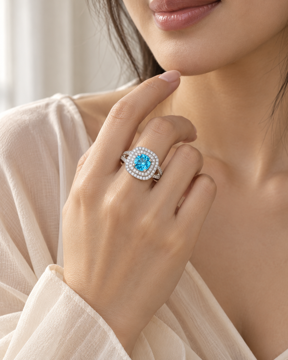 Blue Topaz Square Double Halo Ring - sterling silver