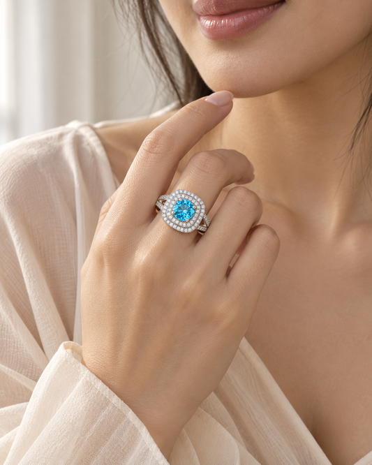 Blue Topaz Square Double Halo Ring - sterling silver